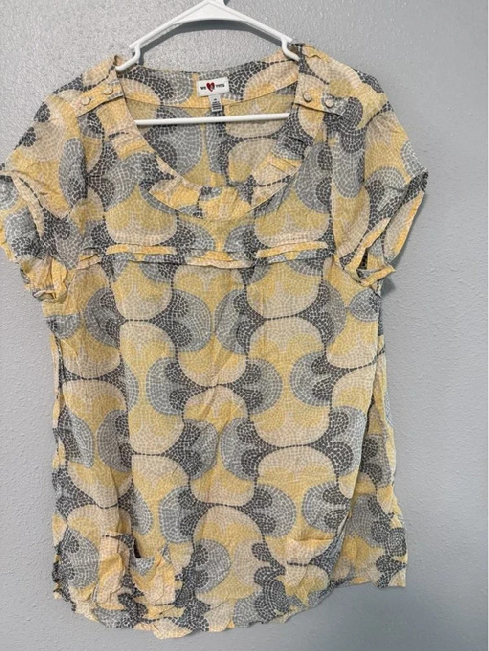 6044 We Love Vera Yellow Gray Print Blouse Size 14